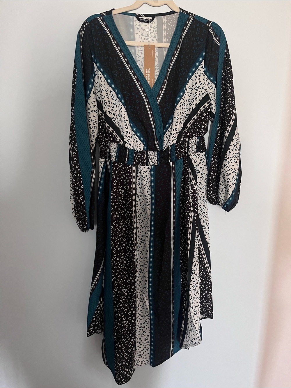 BloomChic Teal, Black & White Printed Midi Dress